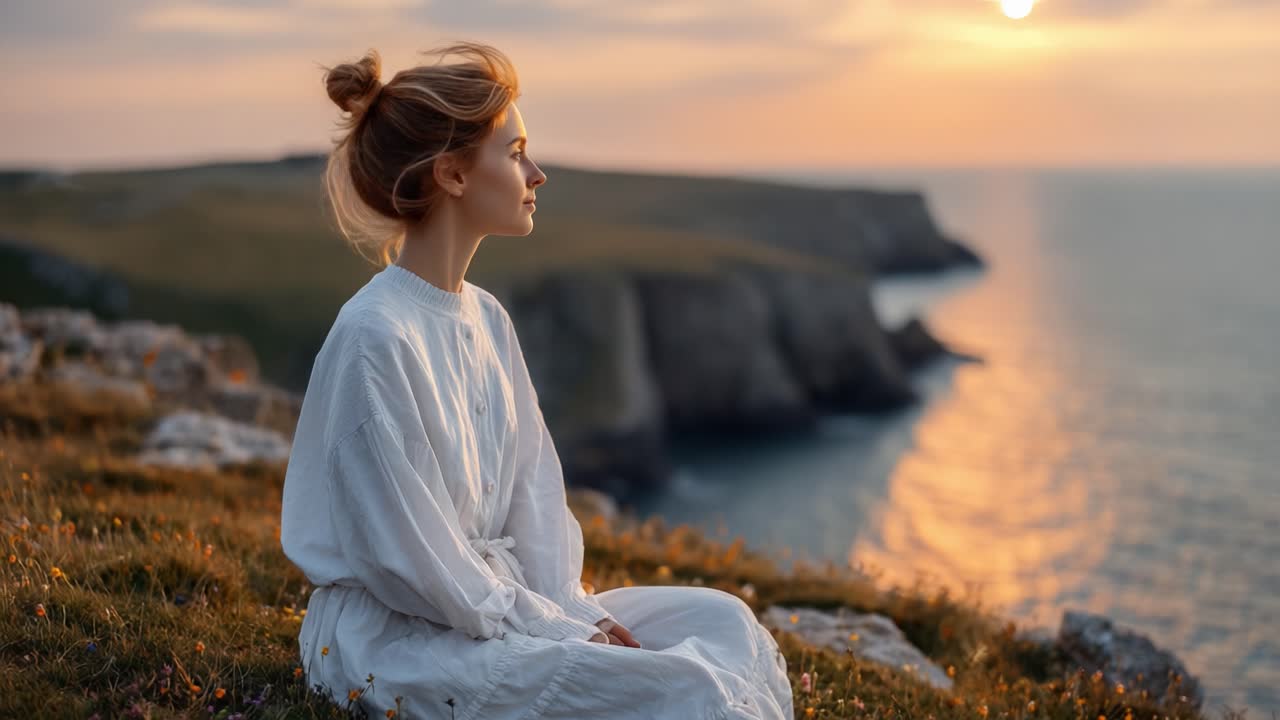 A Serene Moment by the Water: Tranquil Meditation at Sunset with a Young Woman Contemplating Nature's Beauty on a Coastal Cliff