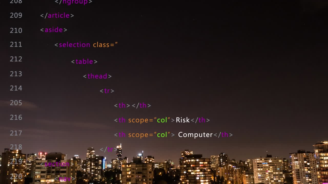 animación de números y lenguaje informático sobre la ciudad moderna iluminada contra el cielo nocturno