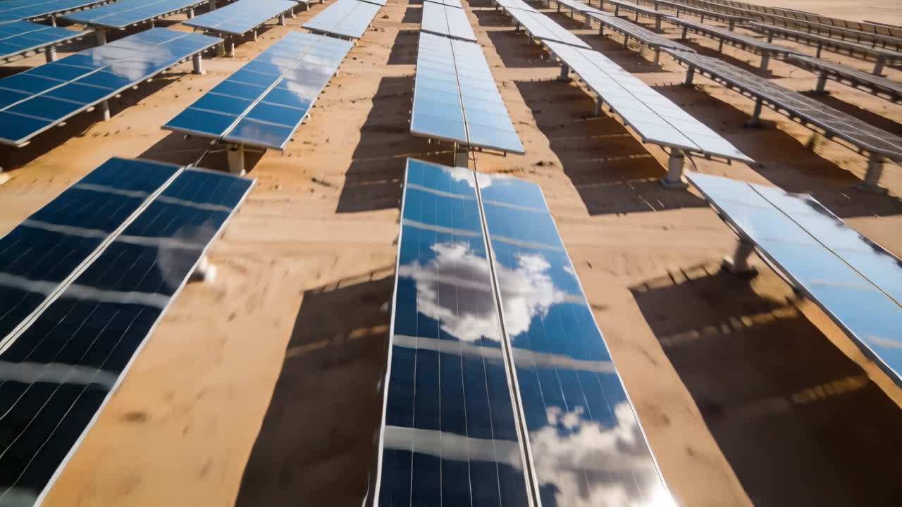 Video verticale: telecamera che si muove su un parco solare, rivelando pannelli che riflettono le nuvole e mostrandone l'estensione