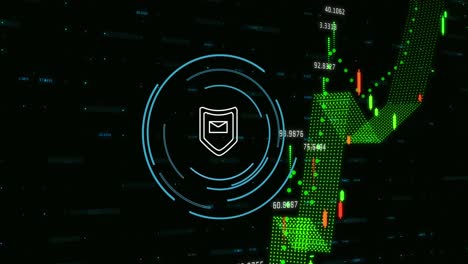 animation of security shield and message icon and data processing against black background