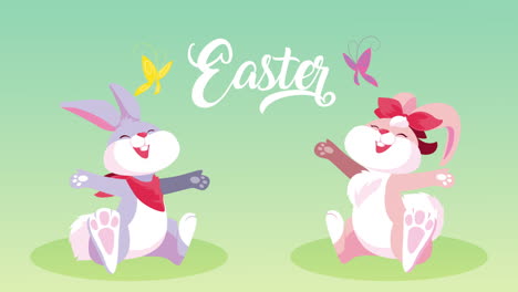 happy easter lettering with rabbits couple