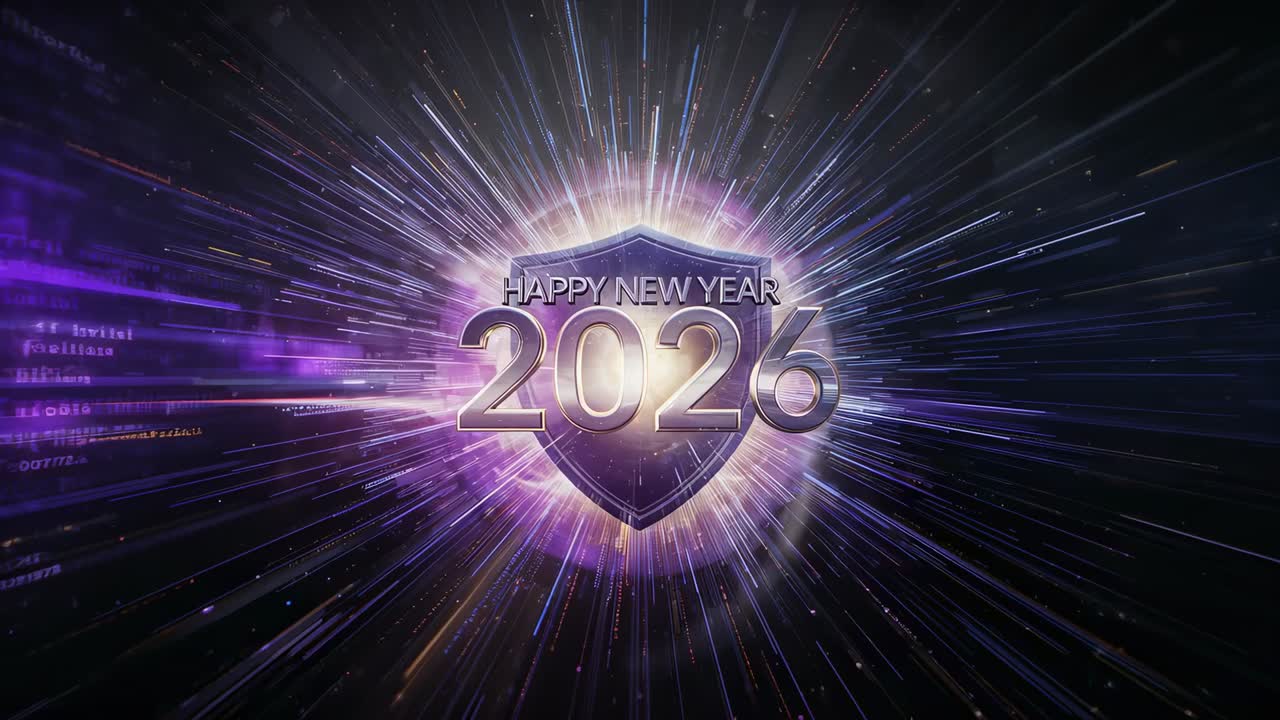 Pulsing shield badge celebrating HAPPY NEW YEAR 2026 while halo rising, firing streaks in starfield
