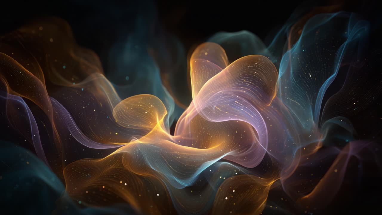 Mystical abstract background featuring soft, flowing veils of colorful energy and glittering particles gently drifting in a seamless and captivating motion against a deep, dark space
