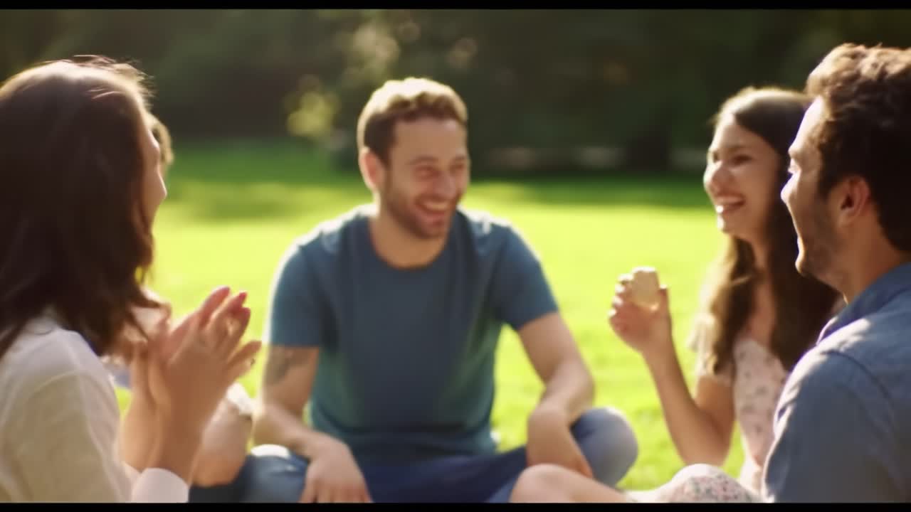 A Joyous Gathering of Friends in a Sunlit Park: Laughter and Connection Amidst Nature's Embrace