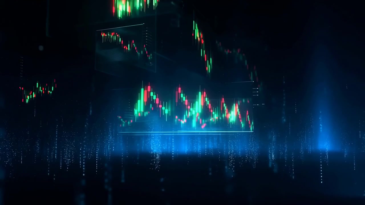 Grafico Finanziario Centrato con Candele Rosse e Verdi su Sfondo Digitale Blu Scuro, Circondato da Particelle di Dati ed Effetti di Luce Soffusa che Suggeriscono