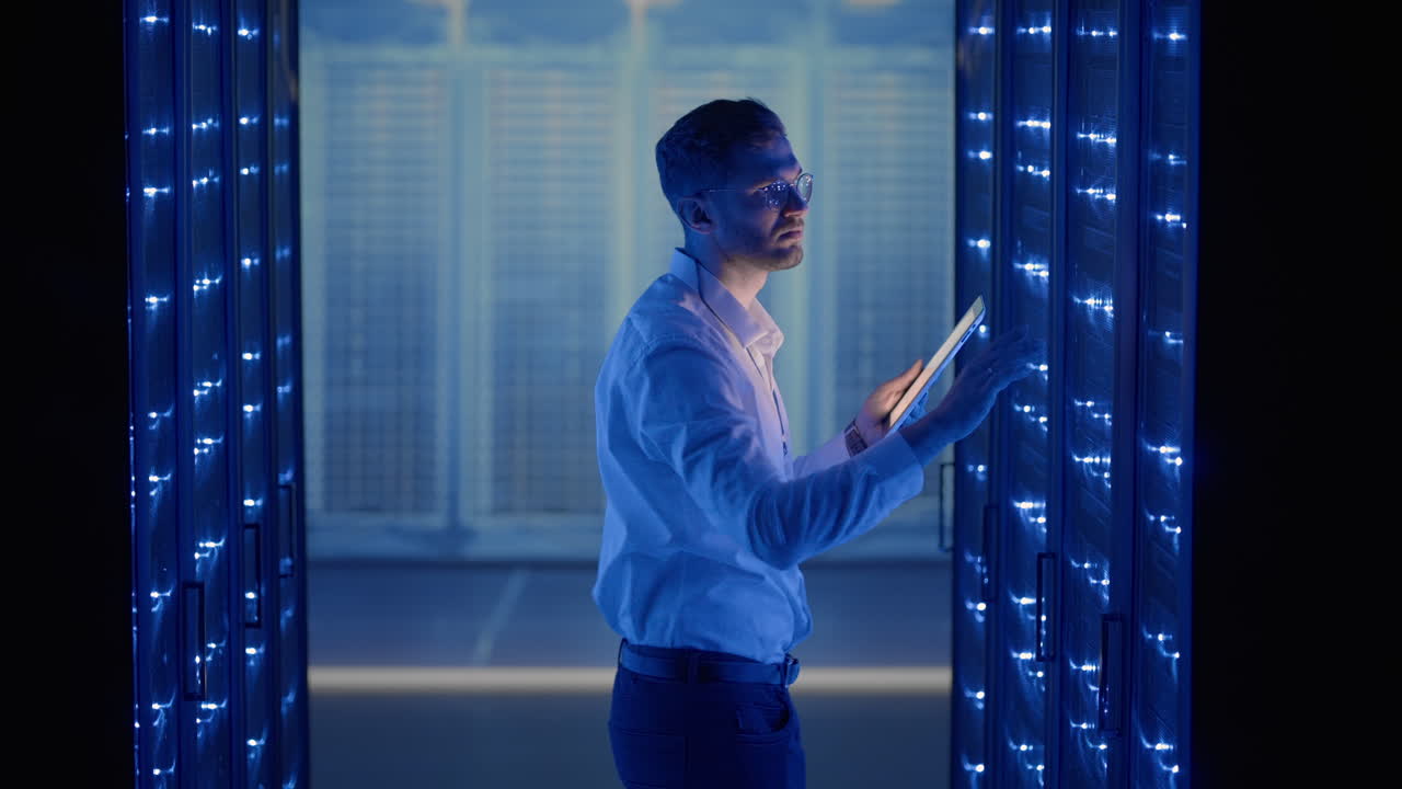 técnico en la sala de servidores digitales del centro de datos controlando el trabajo de los gabinetes de servidores de rack con una tableta. ingeniero profesional de servidores en el trabajo.