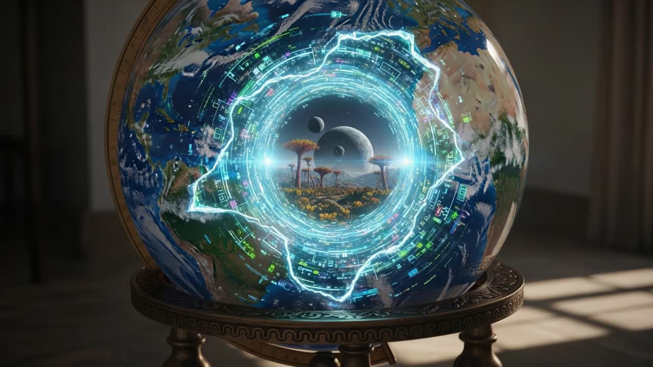 A Stunning Visualization of a Celestial Landscape Encapsulated Within a Futuristic Globe, Merging Nature and Technology with an Otherworldly Aesthetic