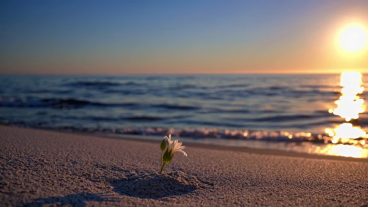 A serene beach sunset video with a low-angle shot, focusing on a single flower in the sand