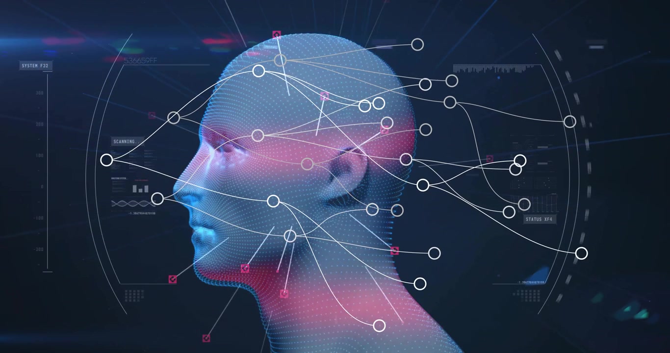 Datavisualisering viser hovednet, der undersøges af knudelinjer med 3D HUD-buer og aflæsninger.