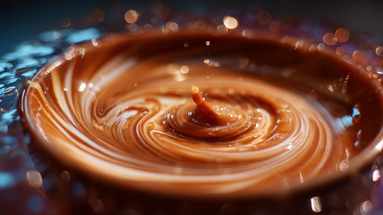 Liquido al cioccolato che turbina: un'armonia visiva accattivante di morbidezza e consistenza in una vivace tonalità marrone su uno sfondo leggermente sfocato