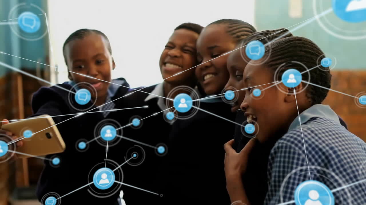 Animation of network of connections over african american schoolchildren using smartphone