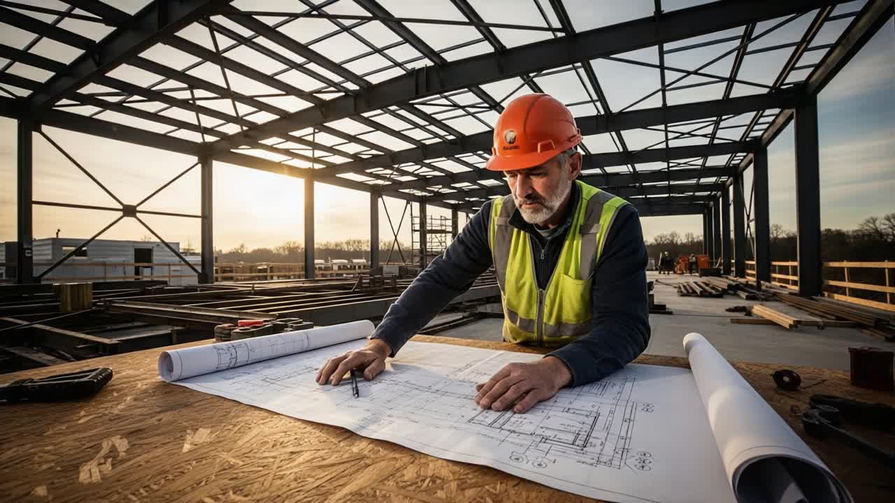 Dedicated Construction Worker Analyzing Blueprint Plans at Sunset on a Steel Framework Job Site, Showcasing the Blend of Human Skill and Engineering Precision