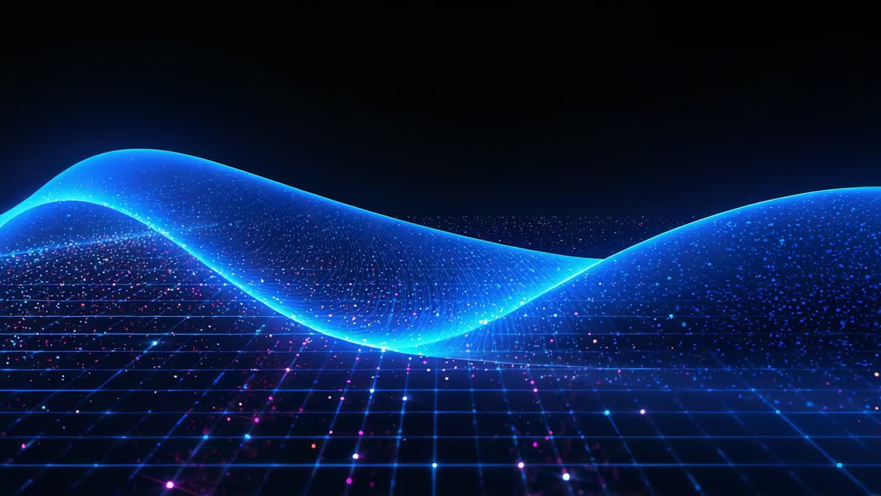 Loop starting moving neon ribbon undulating across lit grid, forming looping surface with sparks