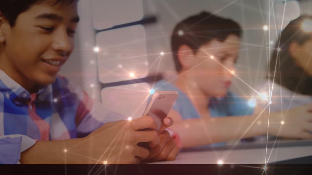 animación de la red de conexiones a través de escolares que utilizan teléfonos inteligentes