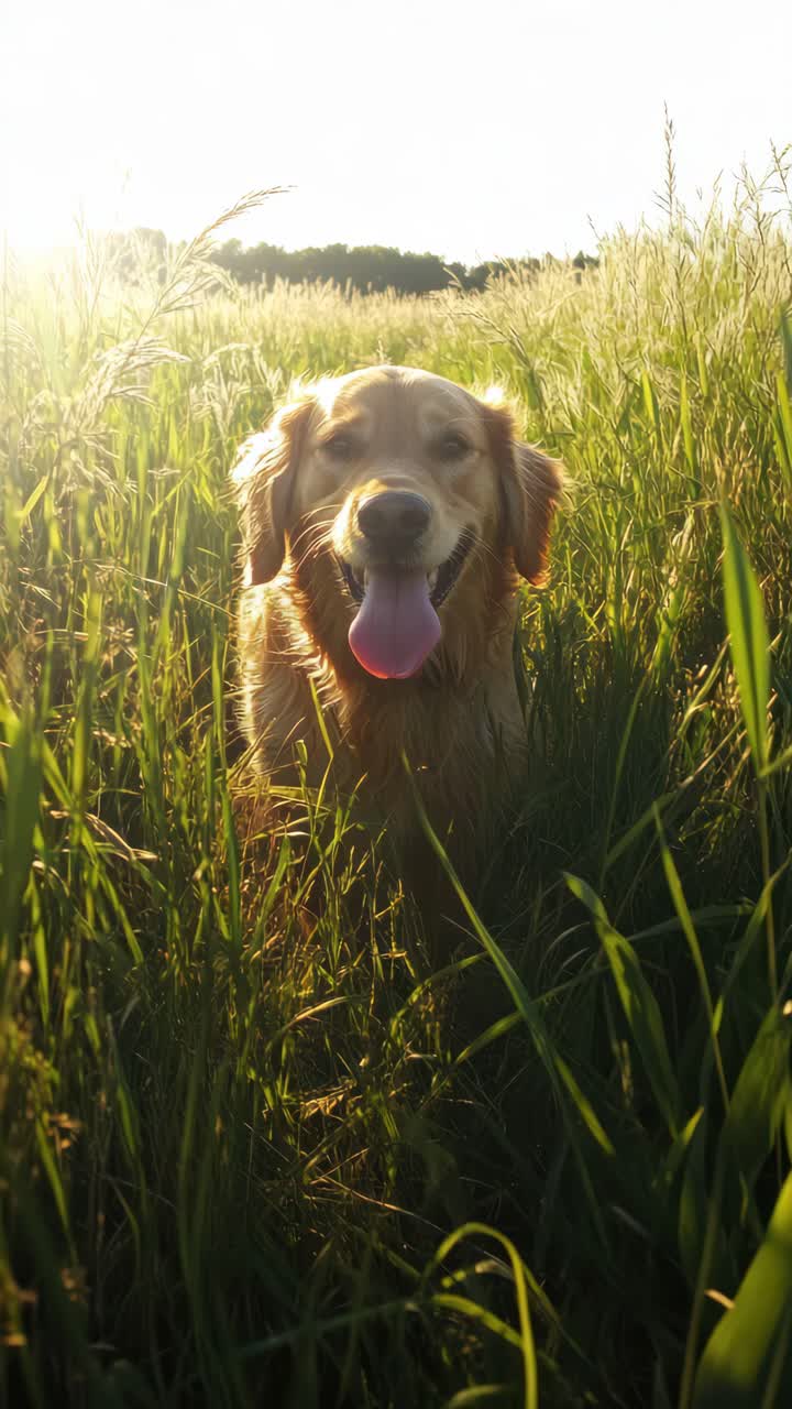A playful dog in a sunlit field, captured from a low-angle, evokes a joyful, carefree vibe, perfect