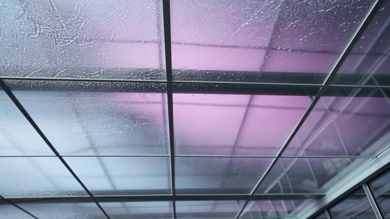 Low angle view of a modern glass ceiling divided by dark metal beams, with soft pink, blue, and purple light glowing through translucent panels. The