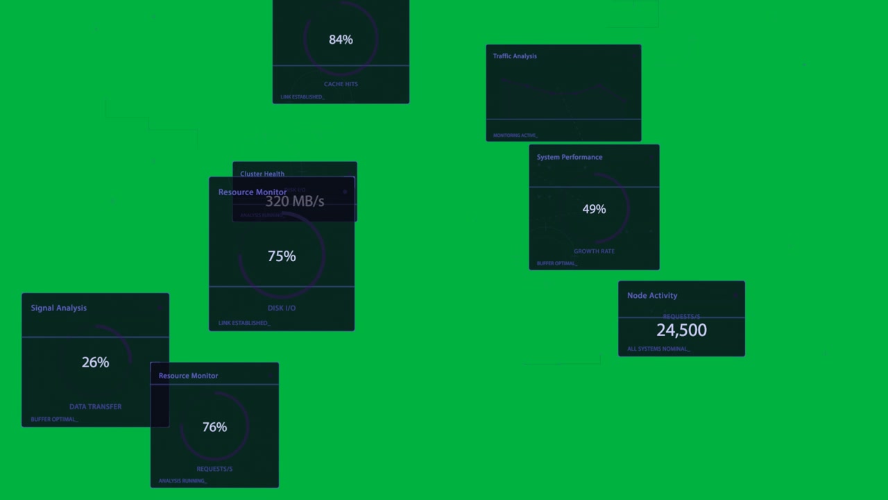 Interfaccia utente del cluster su tela trasparente, con un nodo visualizzato, collegamenti in espansione e pannelli che aggiornano lo stato del cluster.