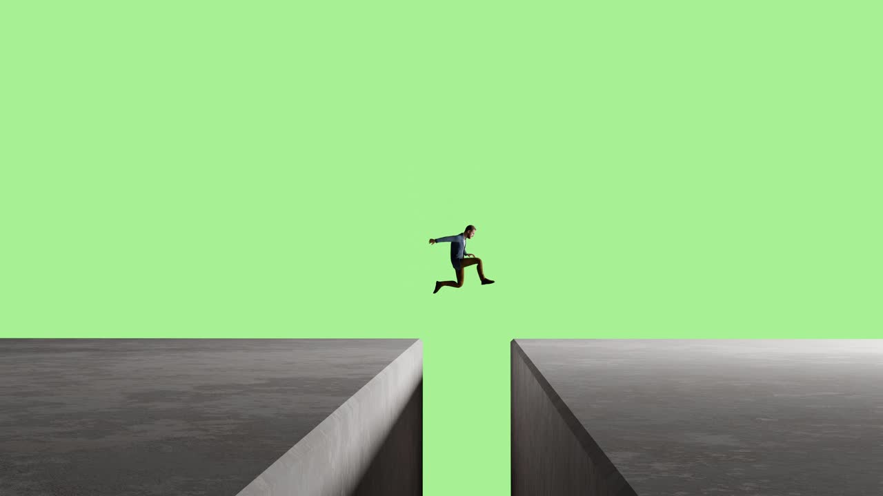 Businessman Leaping Across a Gap on Green Background