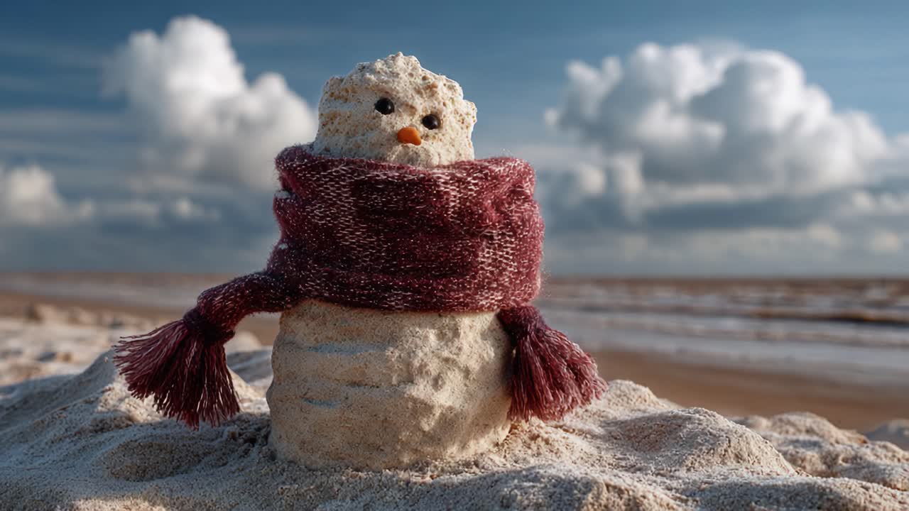 A Unique Sand Snowman on the Beach: A Creative Blend of Winter Aesthetics and Summer Vibes Captured in Two Beautiful Frames