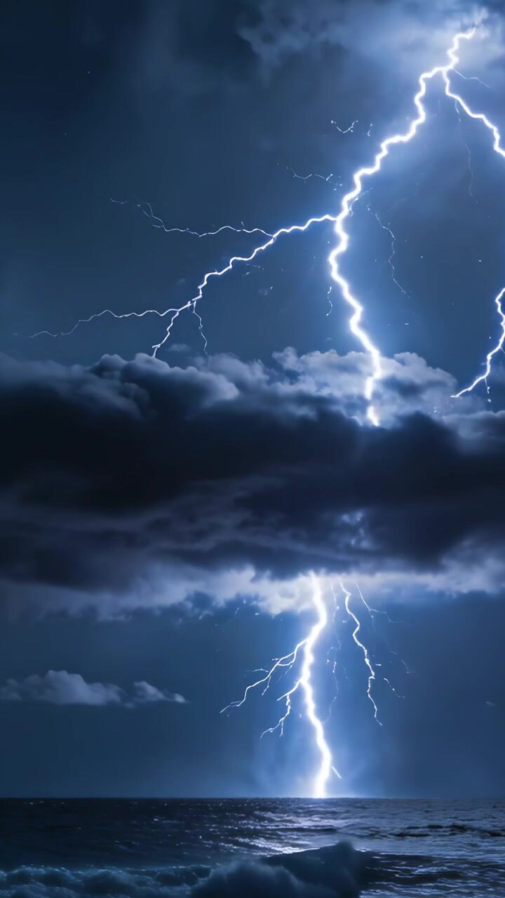 Video verticale: Banco di nuvole temporalesche che scaglia un fulmine luminoso verso l'orizzonte dell'oceano, illuminando le onde.