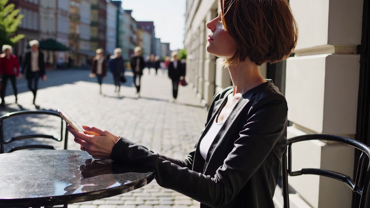 街のカフェでスマホを使う女性