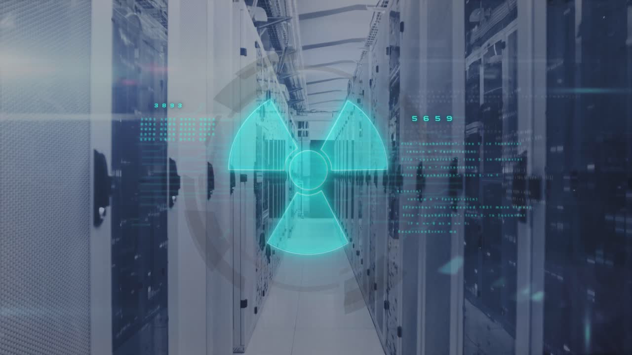 animación del símbolo nuclear sobre la sala del servidor