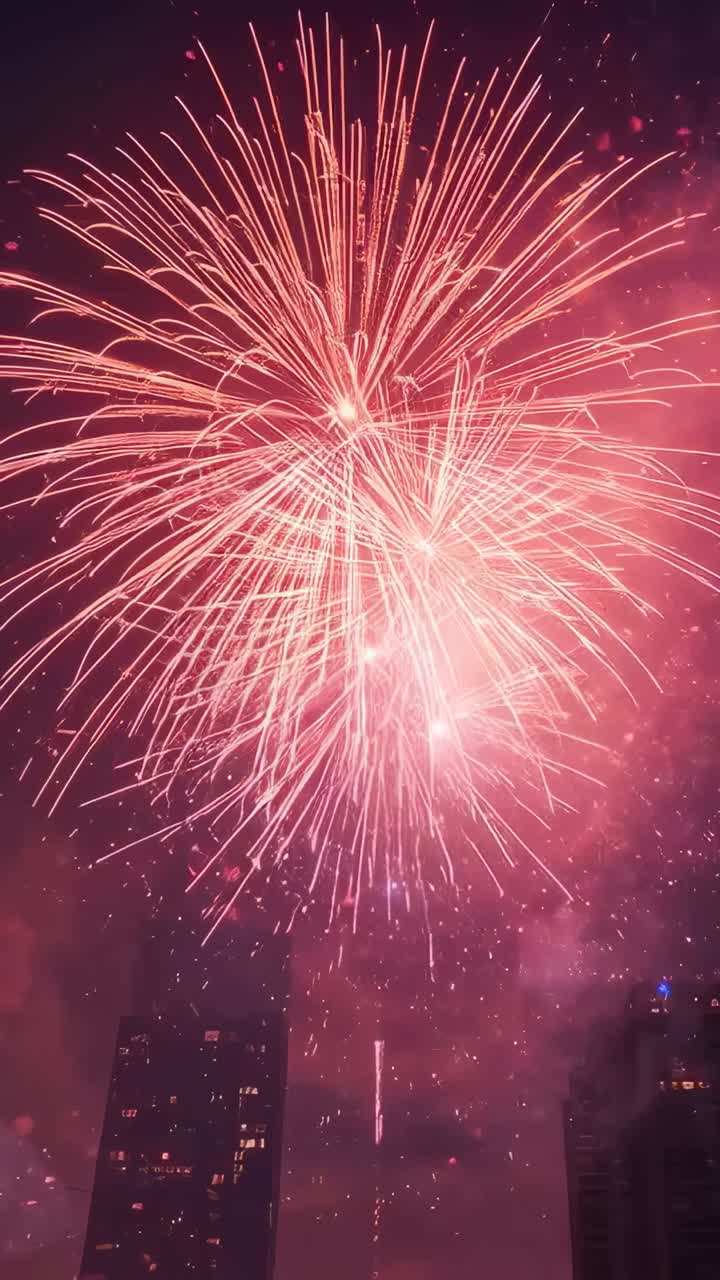 Vertical video: Rocket rising, bursting red shells making bloom over ...