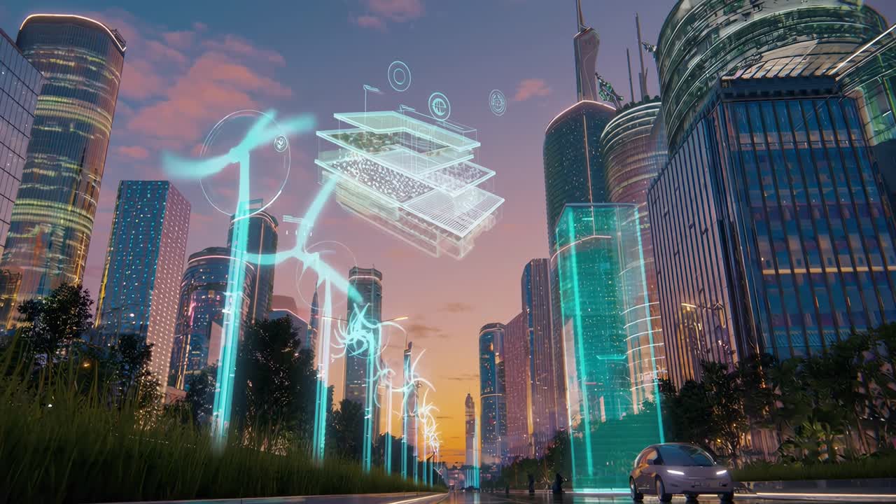 Futuristic cityscape video with a low-angle view, showcasing digital overlays and wind turbines