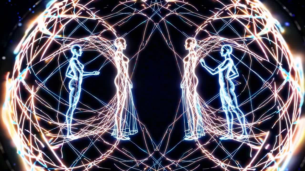 Futuristic video concept with neon outlines of human figures in symmetrical poses