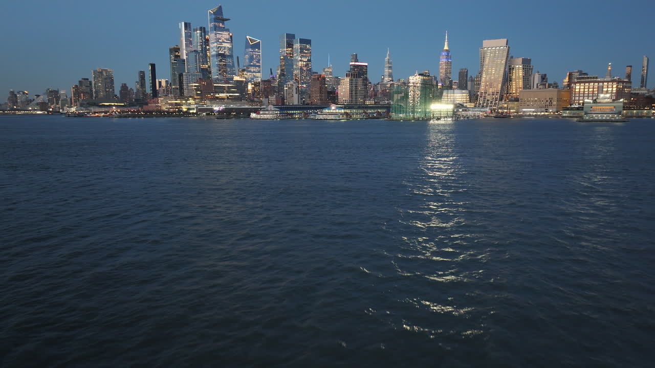 Aerial view of Midtown Manhattan and The Hudson River at night
