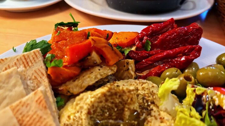 Piatto di mezze colorato mediorientale con hummus, insalata, olive e pita su piatto bianco