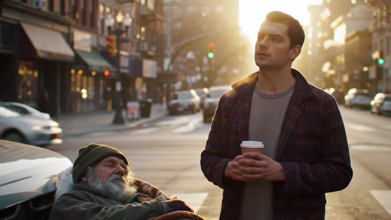 A Thoughtful Encounter in the Golden Hour: A Young Man Reflects on Life While Standing by a Homeless Man in a City Street at Sunrise