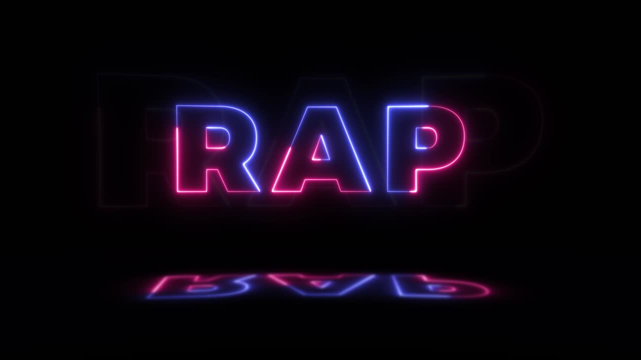neón brillante palabra 'rap' en un fondo negro con reflejos en un piso. signos de brillo de neón en gráfico de movimiento de bucle sin costuras