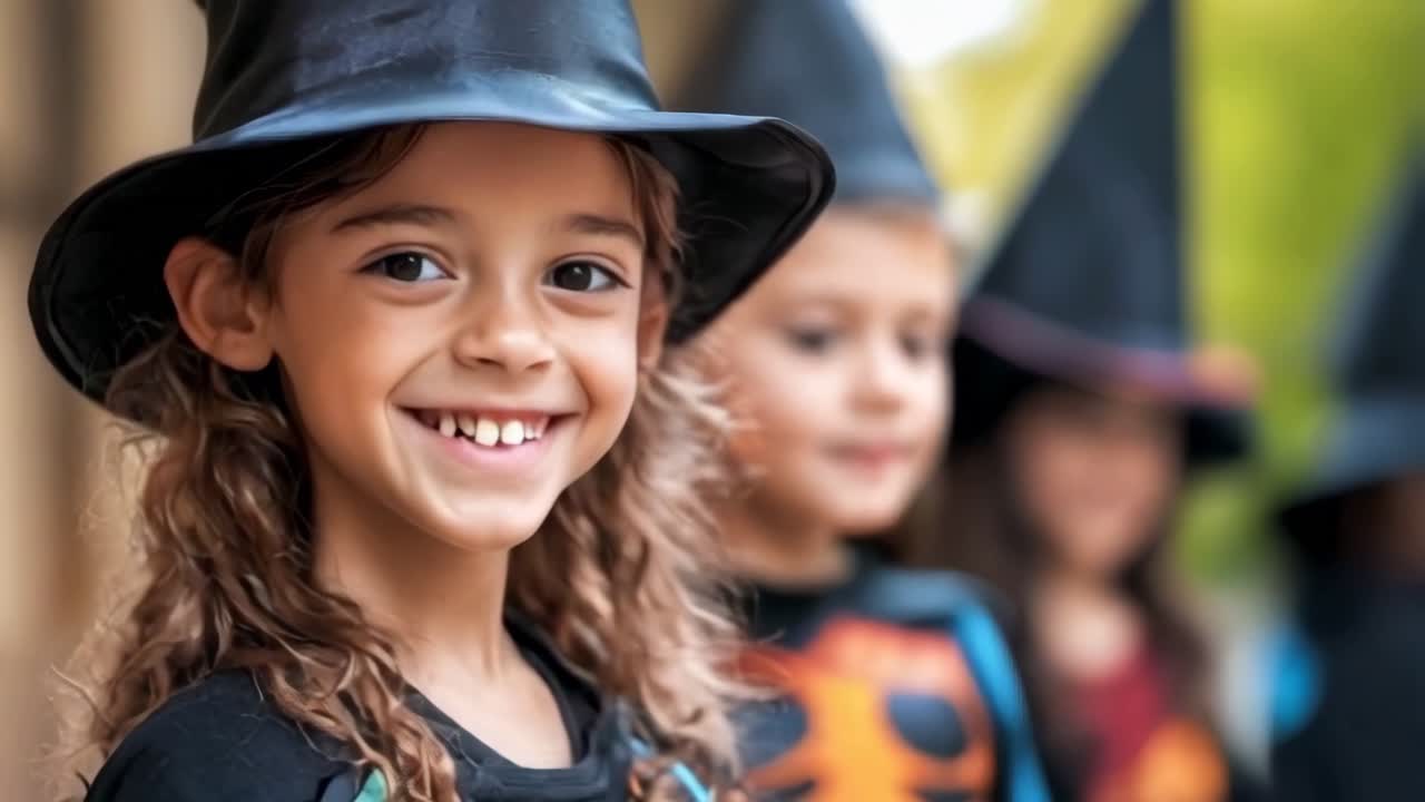 A kids wearing a witch hat and smiling, the children are dressed up in Halloween costumes