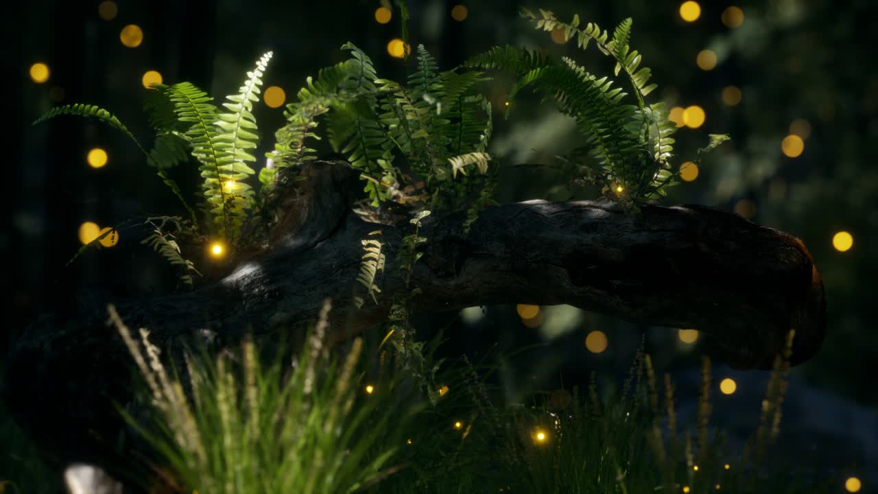 tronco del árbol doblado horizontalmente con helechos creciendo, y la luz del sol brillando