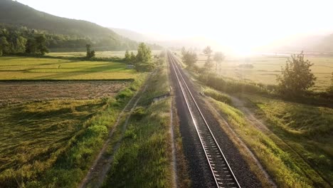 fly over railway in green landscape of rice paddy farm fields in forest mountain foothills wonderful scenic wide view of nature in rural countryside local people traditional culture life in iran gilan