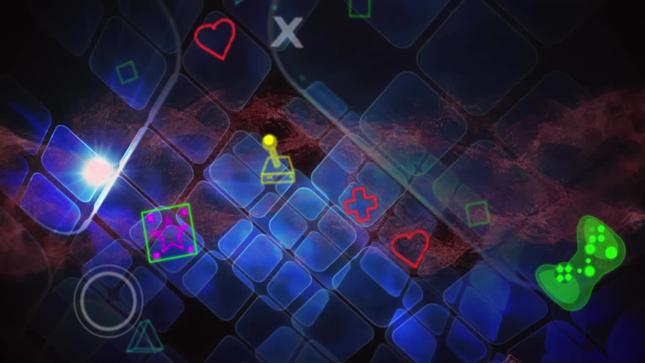 animación de coloridos iconos de juegos y medios, con azulejos azules brillantes en negro