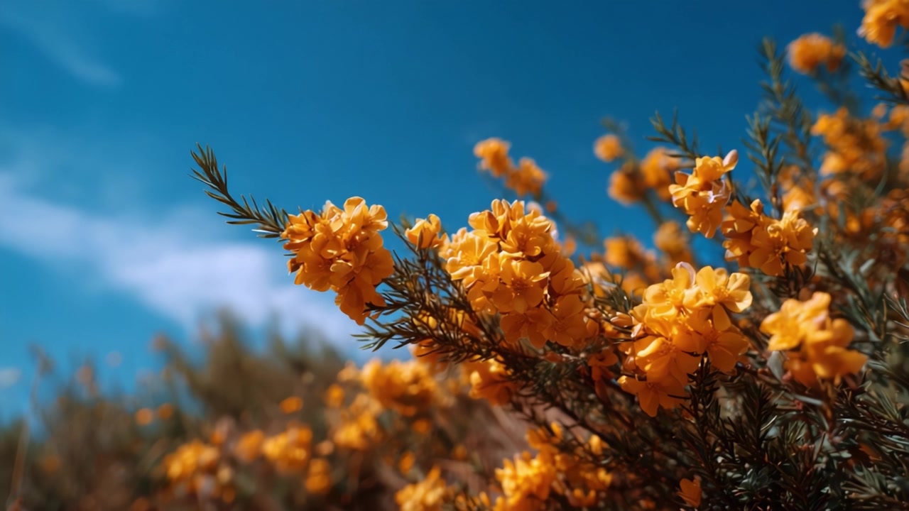 Fiori gialli vivaci contro un cielo blu chiaro, che mostrano la bellezza della natura e lo splendore della diversità floreale in un lussureggiante ambiente esterno.