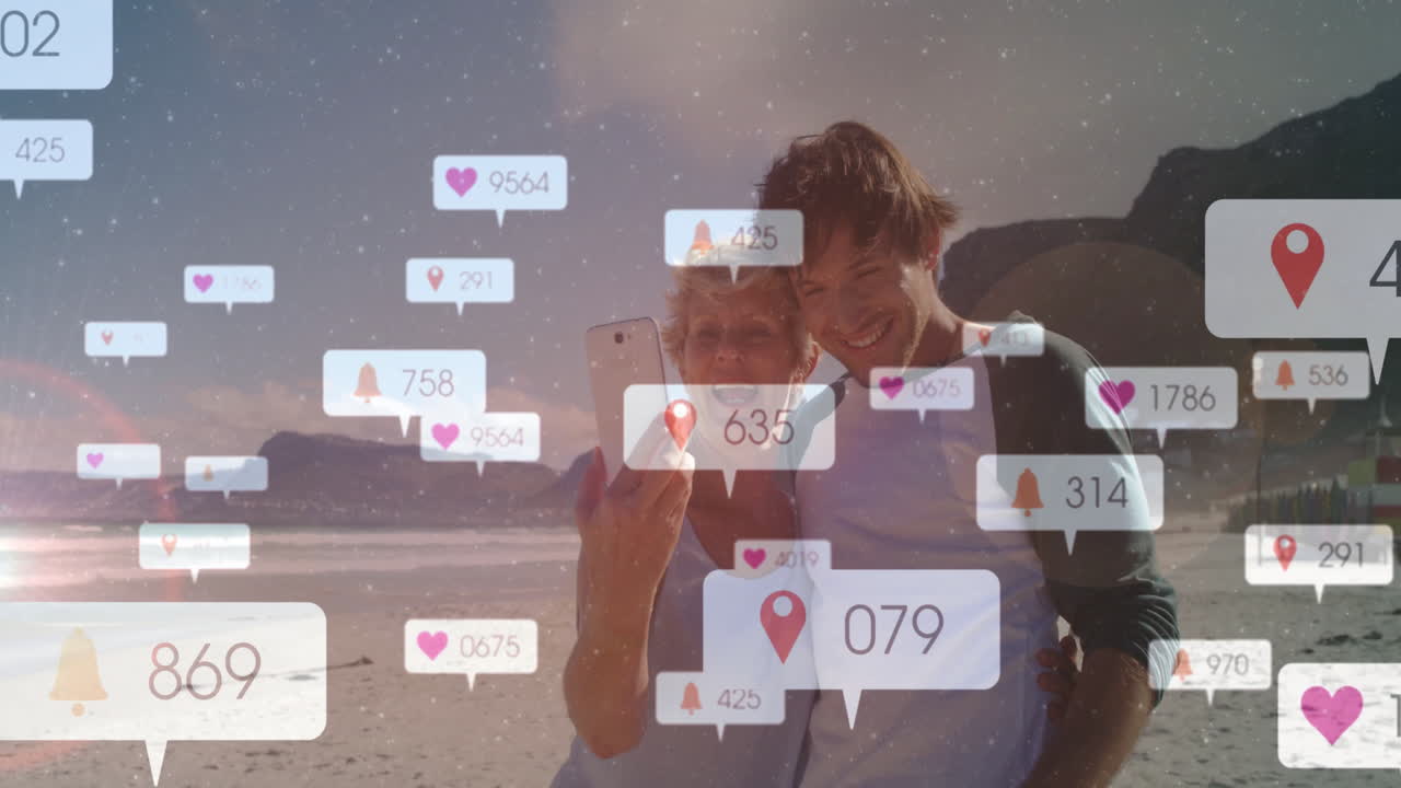 Taking selfie on beach, two people with social media notifications animation