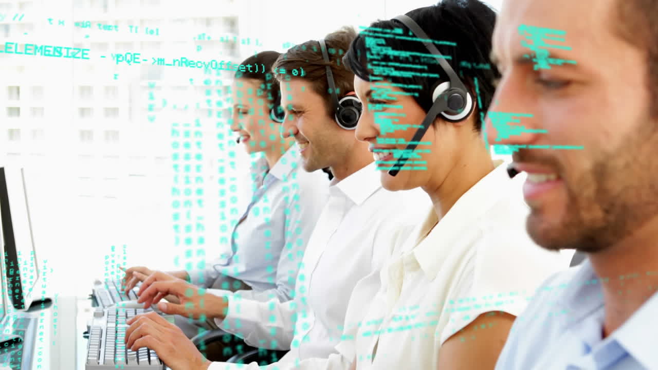 Animation of financial data processing over people wearing phone headsets