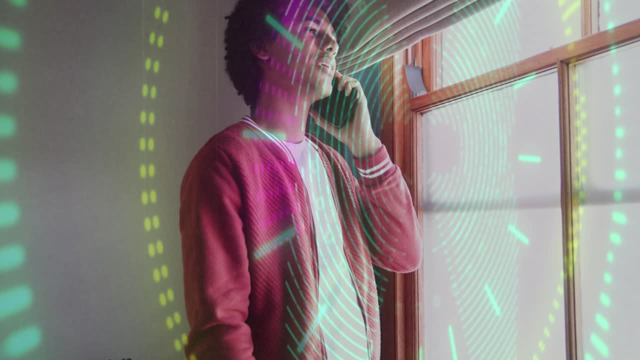 Man answering incoming phone call, rising, pacing by window for business, animated rings appearing