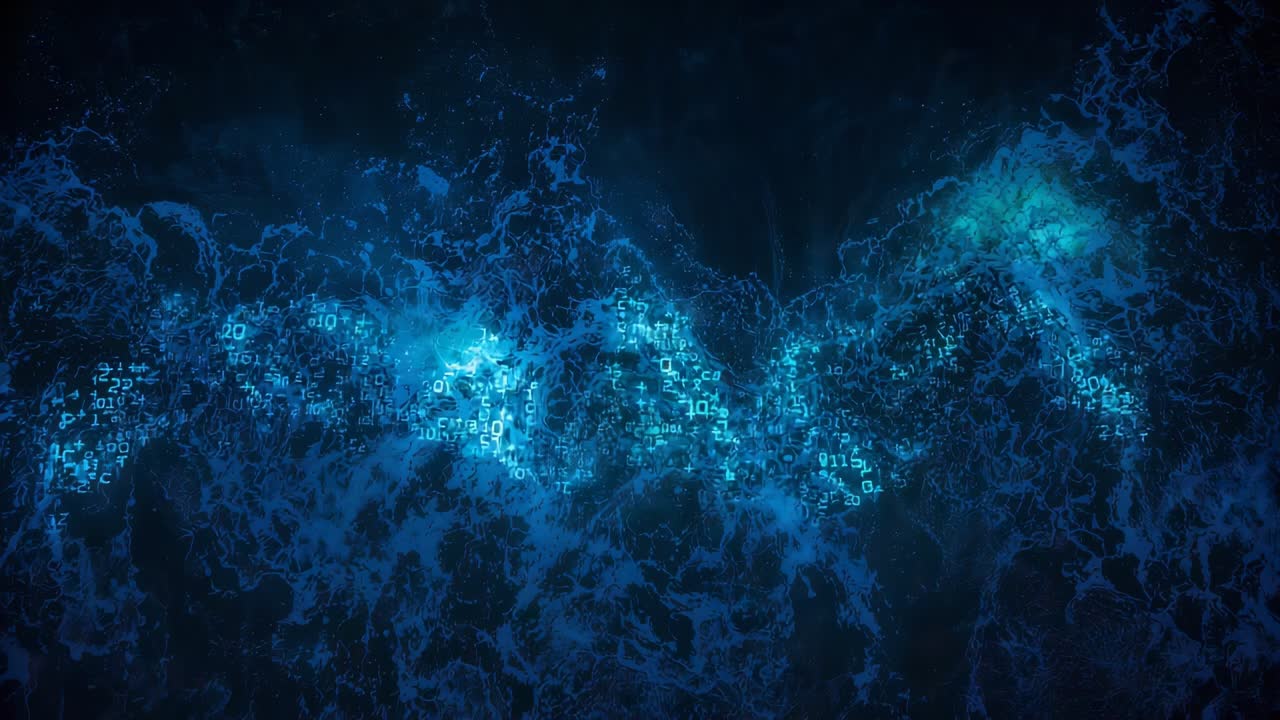 Rising view showing turquoise band churning underside, crest spilling numbers to overhead light