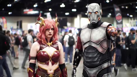a stunning display of cosplay: a brave warrior and a mechanical hero unite in a fantastic convention setting capturing the essence of imagination and craftsmanship