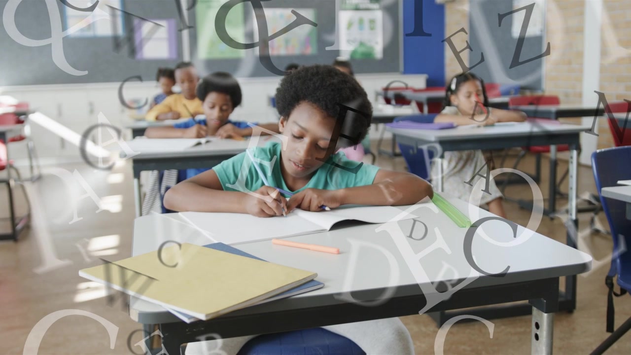 Girl writing workbook, pencil touching page and letters drifting across view, showing learning
