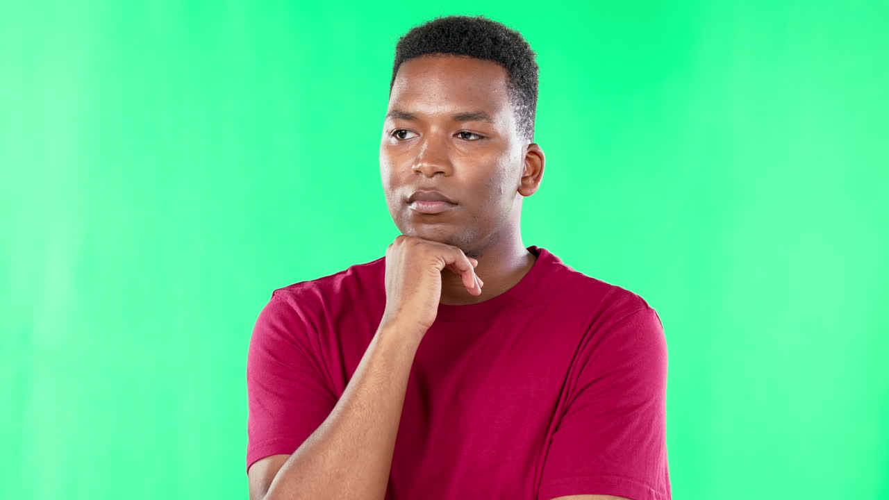 Thinking, confused and black man on green screen