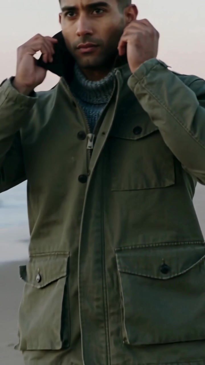Vertical video: Walking man adjusting jacket collar against cool wind on shoreline, leaving prints