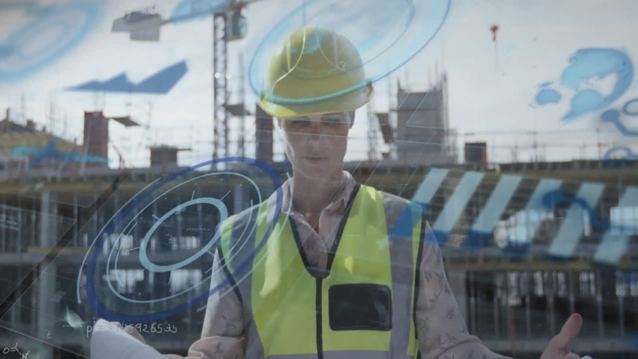 Animation of diagrams and data over caucasian female worker with project at building site