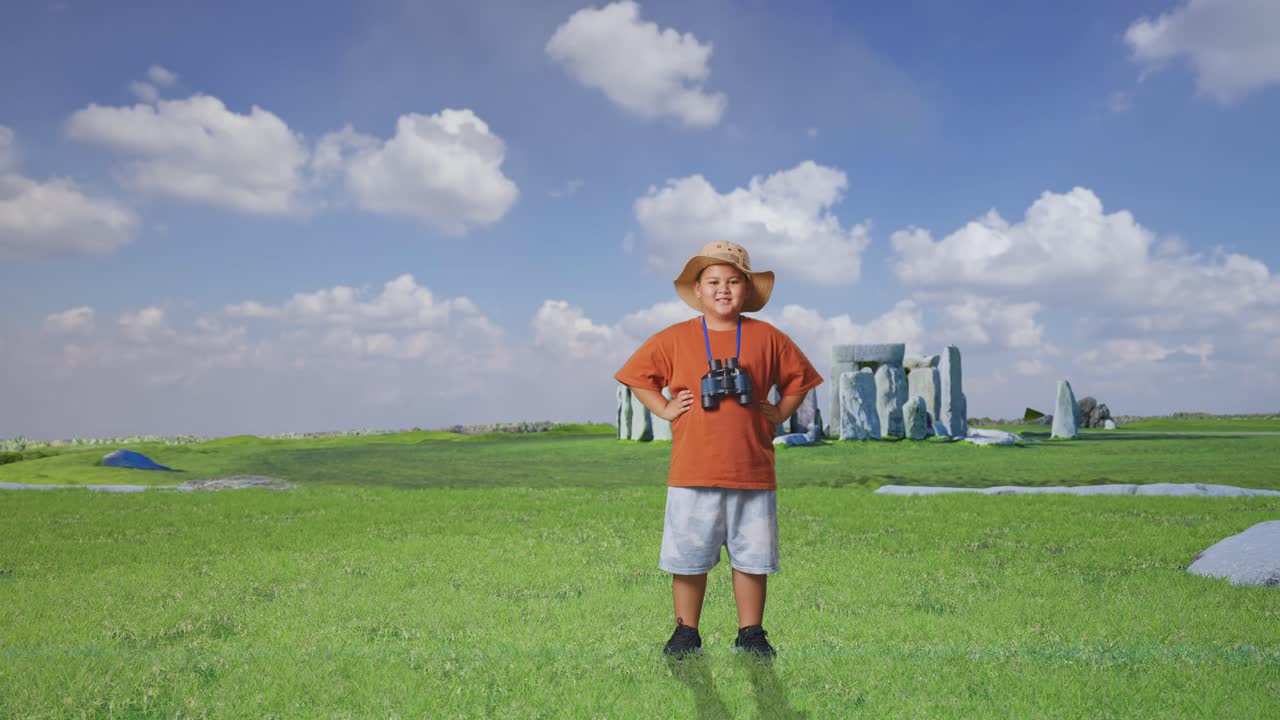 Asian Boy With A Hat And Binoculars Smiling To Camera With Arms Akimbo While Traveling In Stonehenge. Boy Researcher Examines Something, Travel Tourism Adventure, Full Body