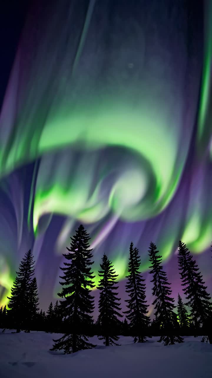 A mesmerizing video still of the Northern Lights with vibrant colors, captured from a low angle