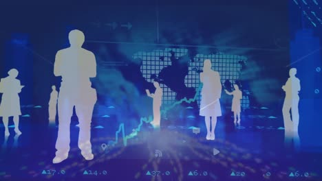 business people silhouetted against stock market graphics on a blue background